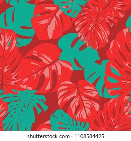 Seamless Tropical Pattern with Monstera Leaves. Hand-drawn Background with Philodendron in Watercolor Style. Exotic Graphic Illustration with Jungle Foliage. Vector Seamless Tropical Leaves Pattern.