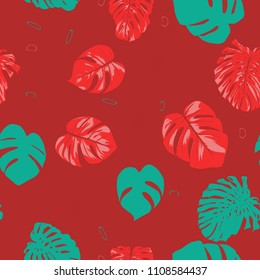 Seamless Tropical Pattern with Monstera Leaves. Hand-drawn Background with Philodendron in Watercolor Style. Exotic Graphic Illustration with Jungle Foliage. Vector Seamless Tropical Leaves Pattern.