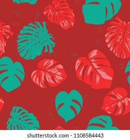 Seamless Tropical Pattern with Monstera Leaves. Hand-drawn Background with Philodendron in Watercolor Style. Exotic Graphic Illustration with Jungle Foliage. Vector Seamless Tropical Leaves Pattern.