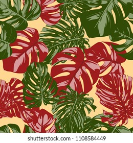 Seamless Tropical Pattern with Monstera Leaves. Hand-drawn Background with Philodendron in Watercolor Style. Exotic Graphic Illustration with Jungle Foliage. Vector Seamless Tropical Leaves Pattern.