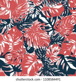 Seamless Tropical Pattern with Monstera Leaves. Hand-drawn Background with Philodendron in Watercolor Style. Exotic Graphic Illustration with Jungle Foliage. Vector Seamless Tropical Leaves Pattern.