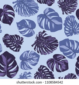 Seamless Tropical Pattern with Monstera Leaves. Hand-drawn Background with Philodendron in Watercolor Style. Exotic Graphic Illustration with Jungle Foliage. Vector Seamless Tropical Leaves Pattern.