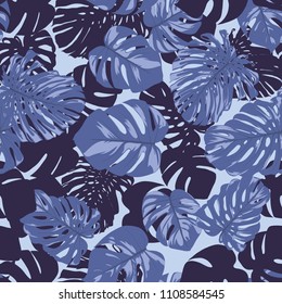 Seamless Tropical Pattern with Monstera Leaves. Hand-drawn Background with Philodendron in Watercolor Style. Exotic Graphic Illustration with Jungle Foliage. Vector Seamless Tropical Leaves Pattern.