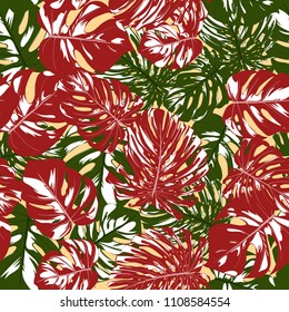 Seamless Tropical Pattern with Monstera Leaves. Hand-drawn Background with Philodendron in Watercolor Style. Exotic Graphic Illustration with Jungle Foliage. Vector Seamless Tropical Leaves Pattern.