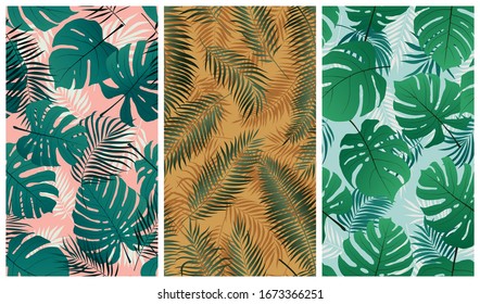 Seamless tropical pattern with monstera leaves and palm tree branches, set of vector summer backgrounds