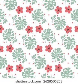 Seamless tropical pattern with monstera leaves and hibiscus flowers. Great for fabric, wrapping, backgrounds, and summer-themed designs