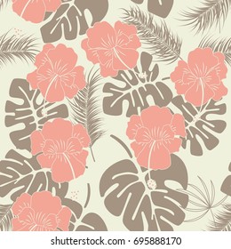 Seamless tropical pattern with monstera leaves and flowers on vanilla background, vector illustration