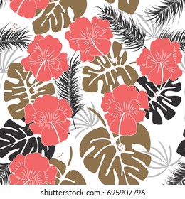 Seamless tropical pattern with monstera leaves and flowers on white background, vector illustration