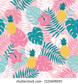 Seamless tropical pattern with monstera and palm leaves, hibiscus flower, pineapple. Vector hand-drawn illustration