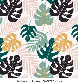 Seamless tropical pattern with monstera and palm leaves. Trendy botanical design for summer textile, wallpaper, packaging, eco branding, and interior decor.