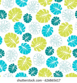 Seamless tropical pattern with monstera palm leaves in vector