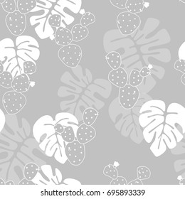 Seamless tropical pattern with monstera palm leaves, and cactus on gray background, vector illustration