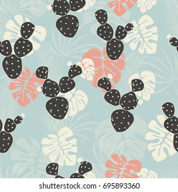 Seamless tropical pattern with monstera palm leaves and cactus on pink background, vector illustration