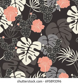 Seamless tropical pattern with monstera palm leaves, plants and cactus on dark background, vector illustration