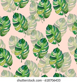 Seamless tropical pattern with mostera deliciosa in green and pastel pink colors.
