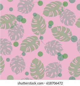 Seamless tropical pattern with mostera deliciosa and dots in green and pastel pink colors.