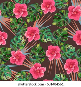 Seamless tropical pattern with mostera deliciosa and fuchsia jamaica flowers in green and pastel pink colors.