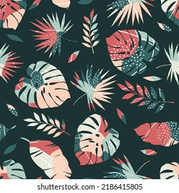 Seamless tropical pattern with multicolored hand drawn elements. Design for card, fabric, print, greeting, cloth, poster, clothes, textile.