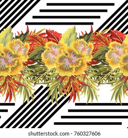 Seamless tropical pattern on striped background. Flower background for textile, cover, wallpaper, gift packaging, printing.Romantic design for calico, silk.