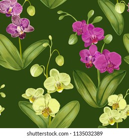 Patrón tropical sin foco con flores de orquídeas. Fondo floral para tela textil, tapiz, envuelto. Diseño de flores acuáticas. Ilustración del vector