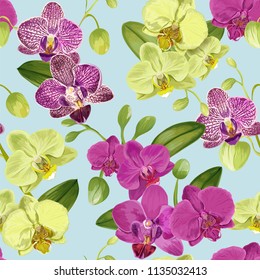 Seamless Tropical Pattern with Orchid Flowers. Floral Background for Fabric Textile, Wallpaper, Wrapping. Watercolor Flowers Design. Vector illustration