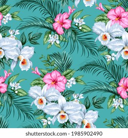 Seamless tropical pattern with orchids and hibiscus flowers for summer fabrics