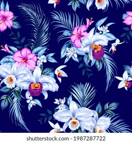 Seamless tropical pattern with orchids and hibiscus flowers for summer fabrics