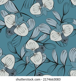 Seamless tropical pattern with orchids and leaves. Stylized like ink painting.