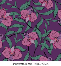Patrón tropical sin foco con orquídeas y hojas. Estilizado como pintura de tinta.