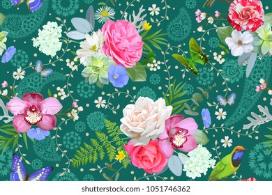 Seamless tropical pattern with paisley 