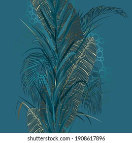 Seamless tropical pattern of Palm branch and leaves with gold. Vector illustration