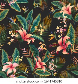 seamless tropical pattern with palm leaf and hibiscus