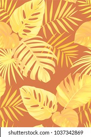 Seamless tropical pattern with palm leaves in yellow background. Vector set of exotic tropical garden for holiday invitation, greeting card and textile fashion design.