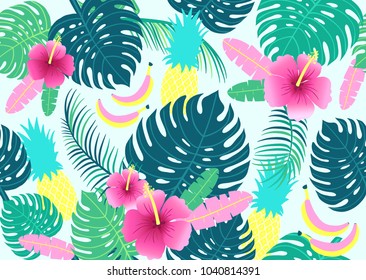 Seamless tropical pattern with palm leaves, pineapple and  flowers. Vector  illustration