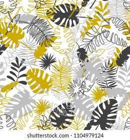 Seamless tropical pattern with palm leaves. Colorful fabric background