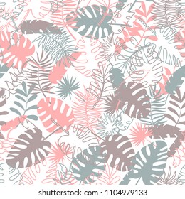 Seamless tropical pattern with palm leaves. Colorful fabric background