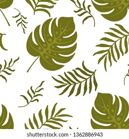Seamless tropical pattern with palm leaves on white background