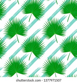 Seamless tropical pattern with palm leaves and grunge blue hand drawn stripes. Palmetto leaf texture for print, wallpaper, decor, fashion fabric, textile, paper, poster background. Vector illustration