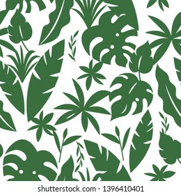 Seamless Tropical Pattern With Palm Leaves And Green Plants In One Green Color