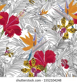 Seamless tropical pattern with palm leaves and exotic flowers.  Graphic vector background.
