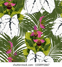 Seamless tropical pattern with palm leaves and exotic flowers.  Graphic vector background.
