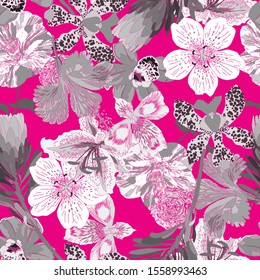 Seamless tropical pattern with palm leaves and exotic flowers.  Graphic vector background.