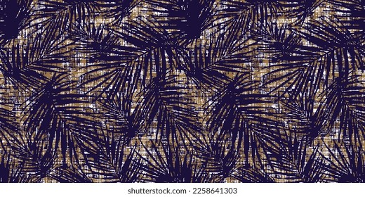 Seamless tropical pattern with palm leaves navy blue and gold 