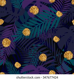 Seamless tropical pattern with palm leaves and golden glitter dots.