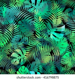 Seamless tropical pattern with palm leaves for fabric design or other uses. Endless exotic background. 