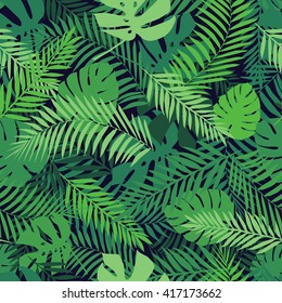 Seamless tropical pattern with palm leaves for fabric design or other uses. Endless exotic background.