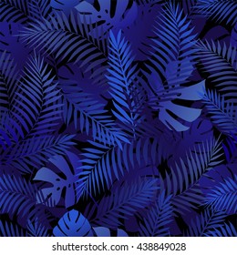 Seamless tropical pattern with palm leaves for fabric design or other uses. Endless exotic background.