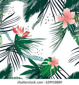 Seamless tropical pattern palm leaves. Summer Jungle floral background.
