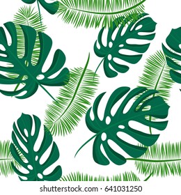 Seamless tropical pattern with palm leaves. Bright summer design on a background for printing on fabric, wallpaper and paper. Vector illustration. 
