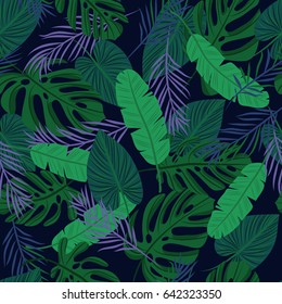 Seamless tropical pattern with palm leaves. Bright summer design on a background for printing on fabric, wallpaper and paper. Vector illustration. 
